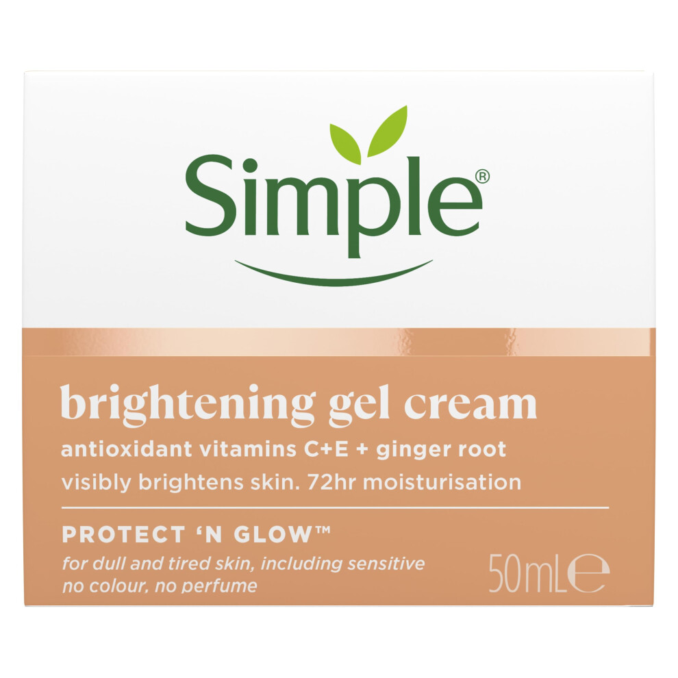 Simple Cream Protect 'N' Glow Brightening Gel Face Facial Moisturiser With Antioxidant Vitamins C & E And Ginger Root For A Radiant Glow 50 Ml