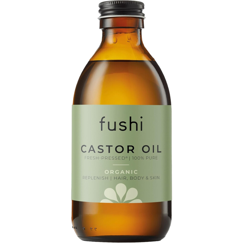 (Fushi Organic Castor Oil 250ml Glass Bottle 100% Pure Cold & Fresh-Pressed For Dry Skin & Hair Growth, Eyelashes & Eyebr) Fushi Organic Castor Oil 25