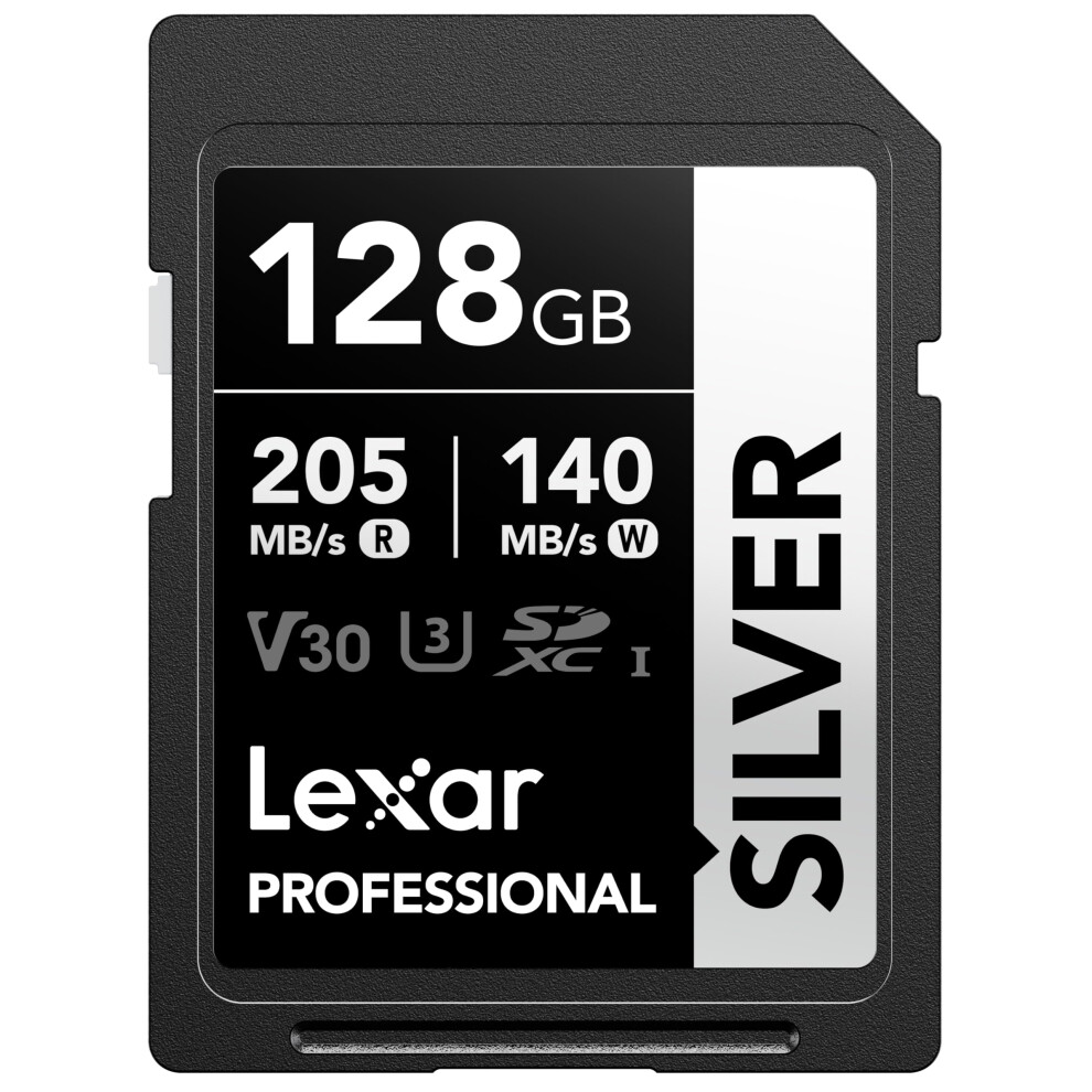 128GB SD Card SILVER, Up to 205MB/s Read, 140MB/s Write, SDXC UHS-I Memory Card, Class 10, U3, V30, SD Card for Professional Photographers,