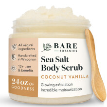 Bare Botanics Kokosnoot Vanille Body Scrub 24oz | Gemaakt in Madison WI | Volledig natuurlijke zeezout-exfoliator met huidminnende vochtinbrengen