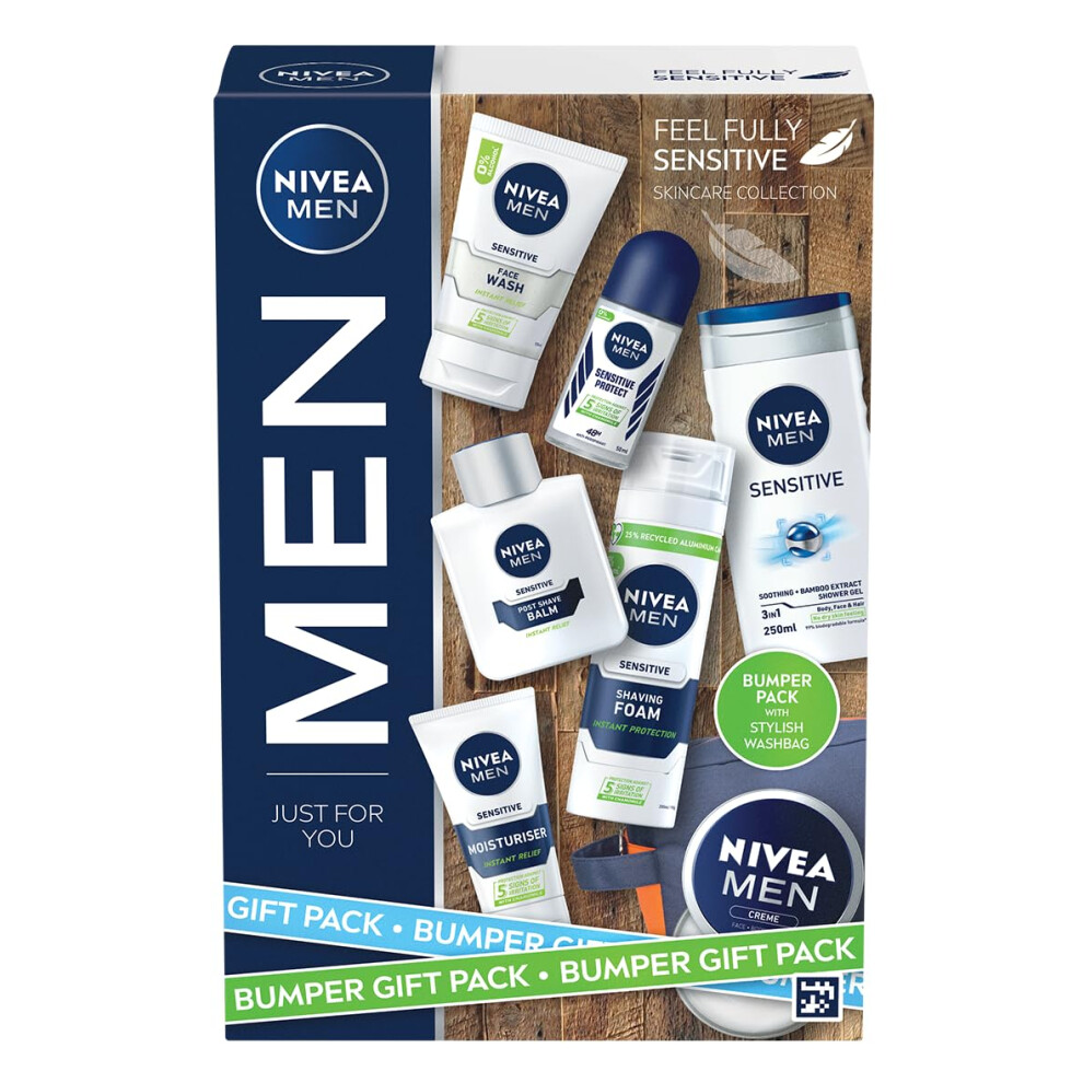 Nivea Men Feel Fully Sensitive Skincare Collection Bumper Gift Pack, With Shower Gel, Anti-Perspirant, Face Wash, Shaving Foam, Post Shave Balm And