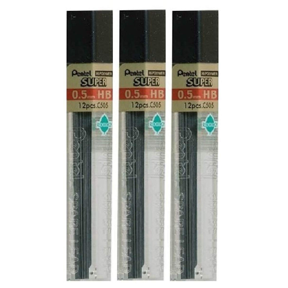 0.5mm Size HB Shade Hardness Pencil Refill Replacement Spare Leads Hi Pollymer Super For Automatic & Mechanical Pencils (Pack Of 3 Tubes - 36 Pieces)