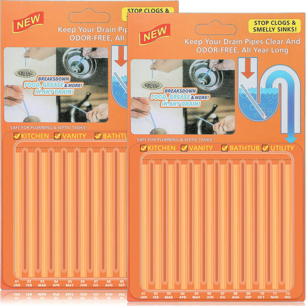 Saisn Drain Cleaner Sticks (24-Pack) - Unblocker & Deodorizer For Kitchen & Bathroom Drains, Keeps Pipes Clear (Orange) Orange