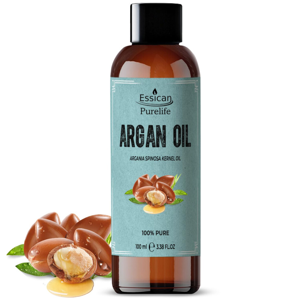 Essican Purelife Pure Moroccan Argan Oil 100Ml, 100% Natural Argan Carrier Oil For Face & Body Oil Massage, Cold Pressed Vitamin E Face Oil, Pure Argan Oil For Hair,