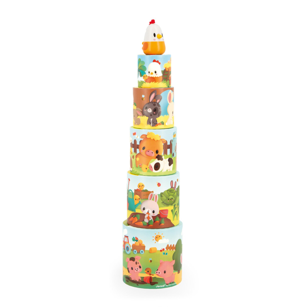 - My First Pyramid - Farm Animals - Early-Learning Toy - 5 Stacking Cubes + 1 Wooden Hen - Develops Dexterity and Imagination - 12 Months +, J03310