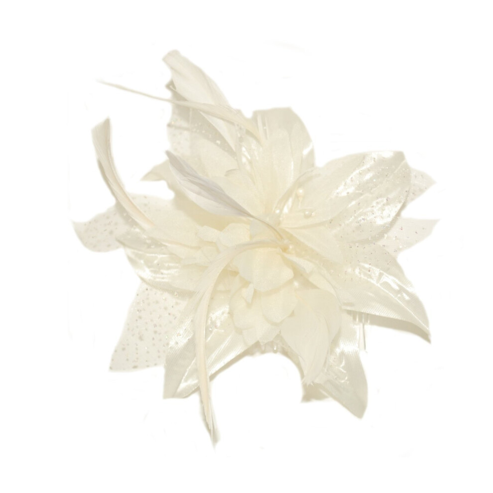 Ladies Elegant Cream Chiffon Flower and Feather Fascinator on Comb.