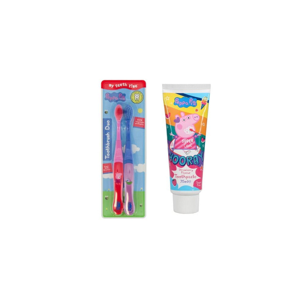 Toothbrush (Duo) and Toothpaste Set. Two Peppa Pig Toothbrushes and Strawberry Flavoured Toothpaste for Ages 3-8 Years Old