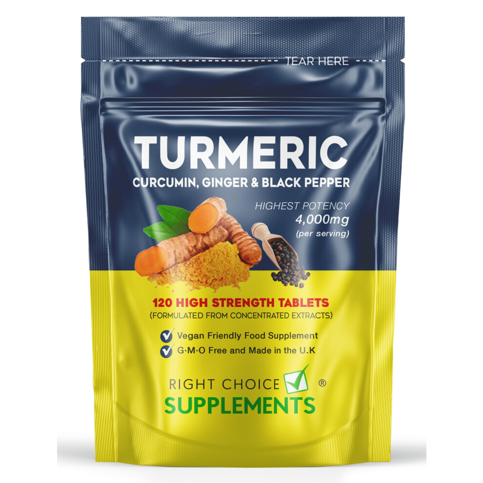 Right Choice Supplements Turmeric, Ginger & Black Pepper 4000 Mg Tablets (Per Serving), High Strength Curcumin Supplements, Vegan And Gluten Free, Uk Made, 120 Count
