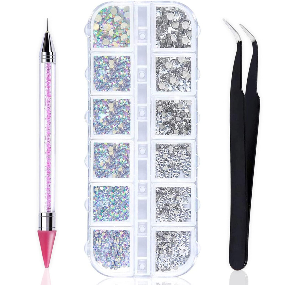Acehome Flat Back Ab Crystal Nail Art Rhinestones And Clear Crystal Rhinestones With Pick Up Tweezer And Rhinestone Picker Dotting Pen, Professional Nail Art