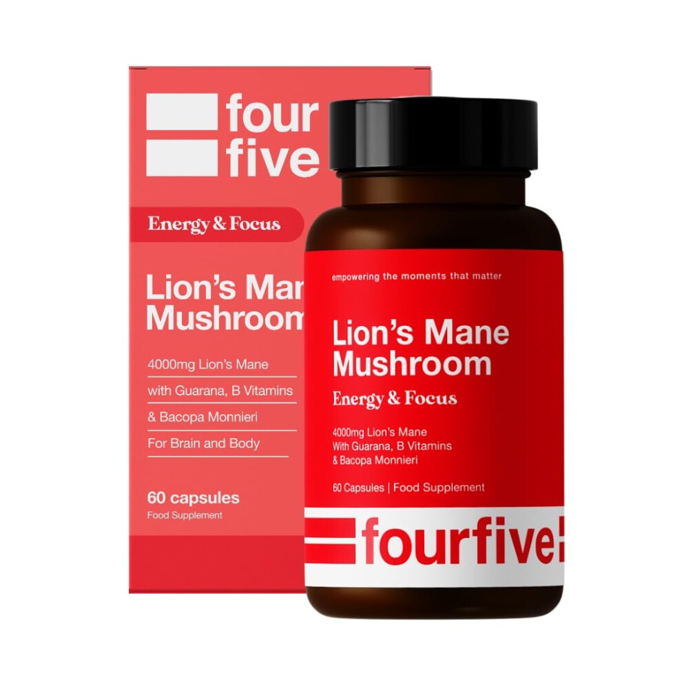 Fourfive Lions Mane Mushroom Supplement (4000Mg) Energy & Focus Blend With Vitamin B5, Support Brain Function, Focus & Energy - 60 Capsules