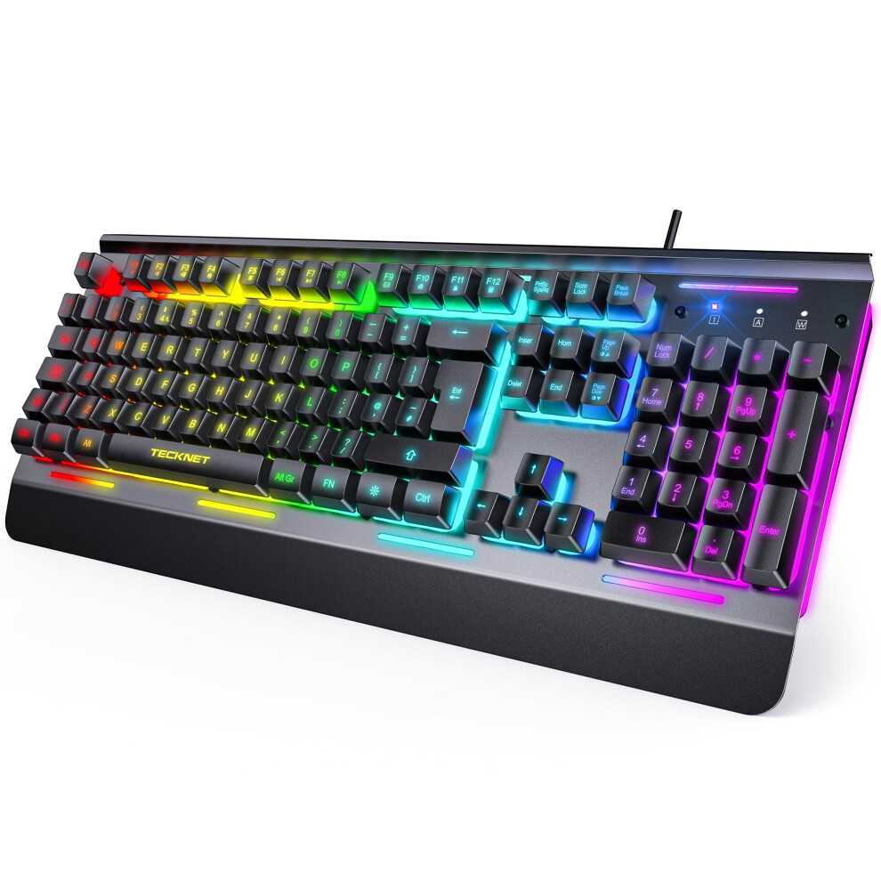 Tecknet Rgb Gaming Keyboard, 105 Keys, All-Metal Panel, 15-Zone Rgb Illumination, Backlit Quiet Computer Keyboard, Wrist Rest, 25 Anti-Ghosting Keys, Ip32