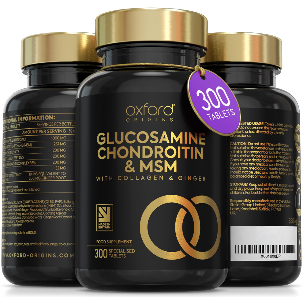 Oxford Organics Glucosamine And Chondroitin Msm Tablets High Strength | 300 Glucosamine Sulphate Tablets - With Collagen, Citrus Bioflavonoid And Ginger Root Extract