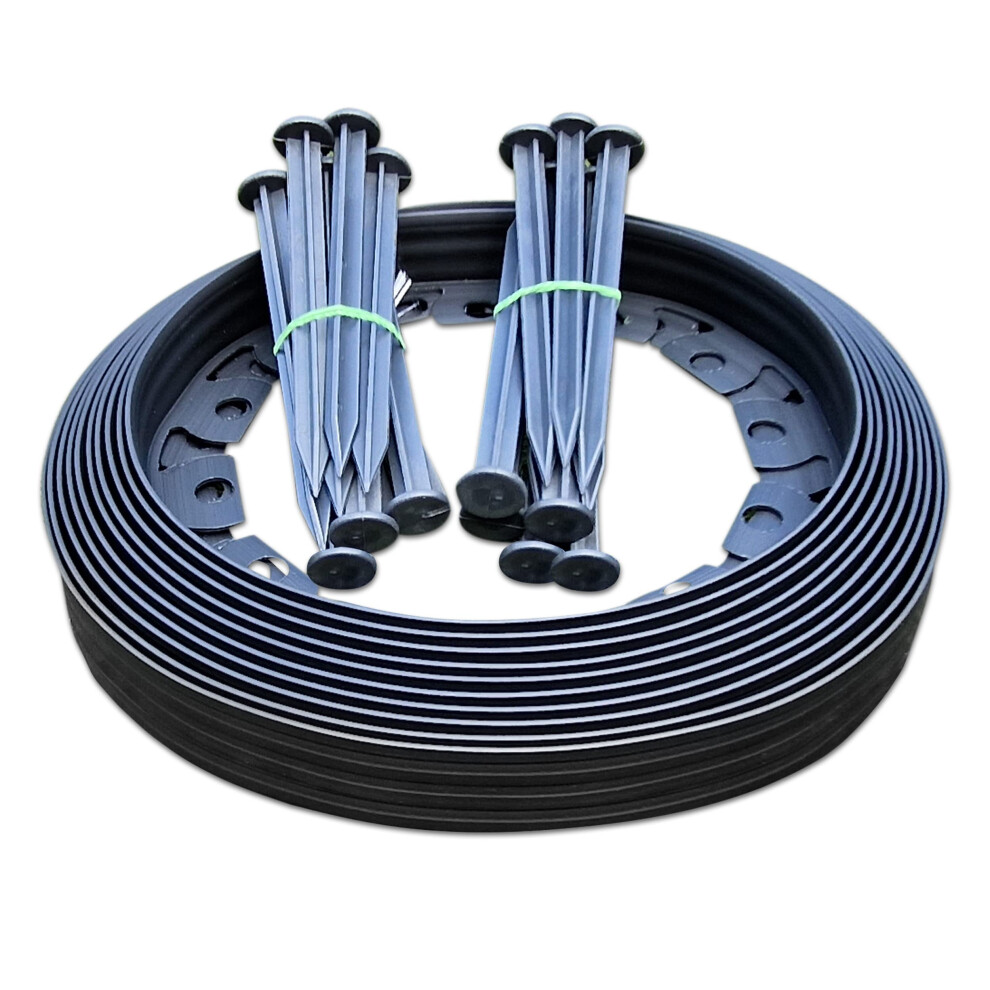 Lawn Edging 10M Flexible Black Garden Border With 20 Pegs For Beds & Lawns 40Mm High - Mypurecore 5060603861861