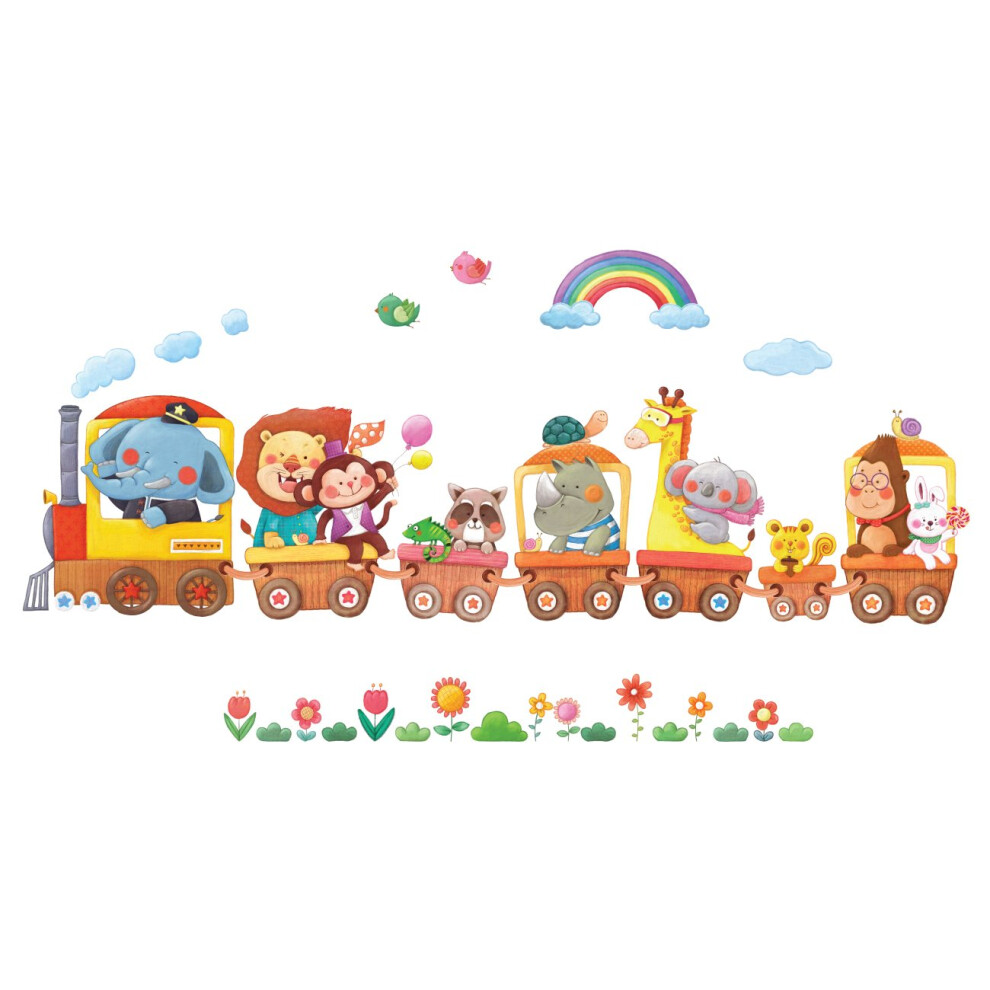 Decowall Ds-8024 Animal Trains ) Kids Wall Stickers Decals Peel And Stick Removable For Nursery Bedroom Living Room Art Murals Decorations Small