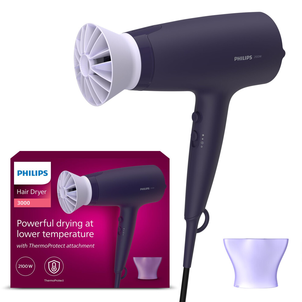 Hair Dryer 3000 Series, ThermoProtect Attachment, with Nozzle, 2100W, Model BHD340/13