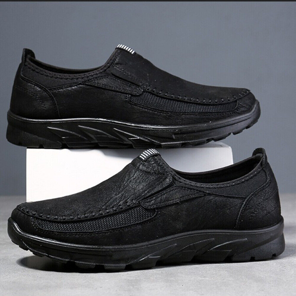 (BLACK, UK 8 EU 43) MENS LEATHER SLIP ON WALKING SHOES DRIVING MOCCASIN COMFORT CASUAL TRAINERS SIZE