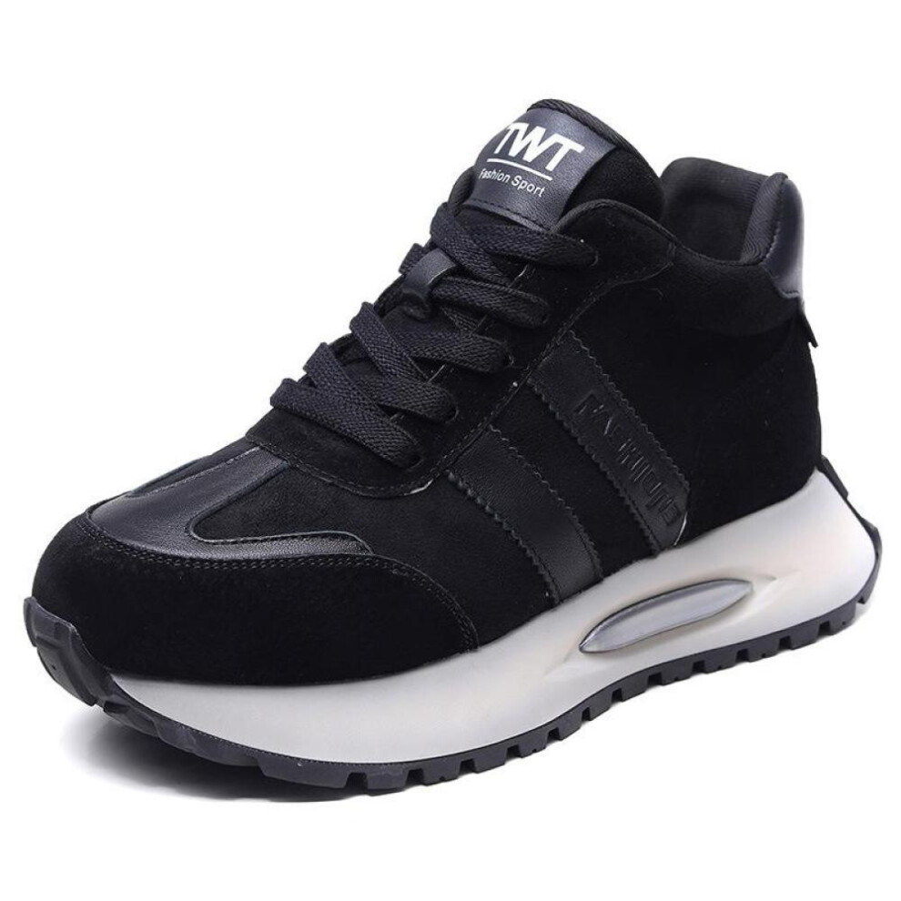 (black, 39) Johnature Genuine Leather Sports Leisure Shoes Women Breathable Lightweight Non Slip Lace-up Sneakers