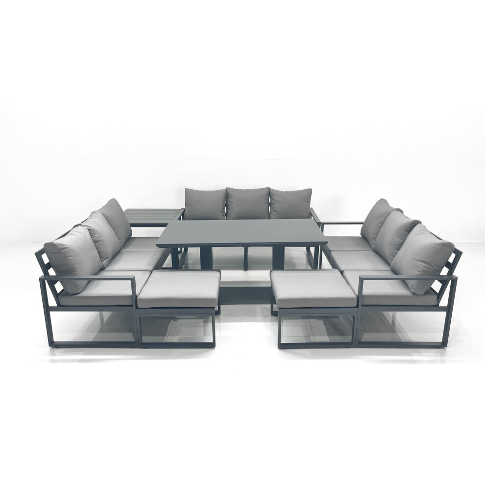 Rackhams Dark/Grey 11 Seater Garden Sofa Set Aluminium Furniture Rising Dining Tabe Set With Side Table 2 Big Footstools - Image 2