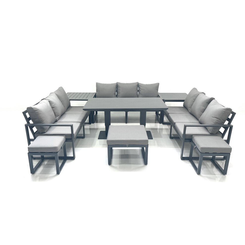 Fimous 12 Seater Garden Sofa Set Aluminium Furniture Rising Dining Tabe Set with 2 Side Tables 3 Footstools Dark Grey