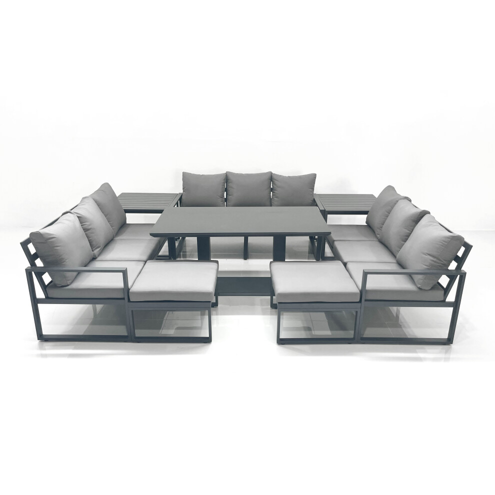 Fimous 11 Seater Garden Sofa Set Aluminium Furniture Rising Dining Tabe Set with 2 Side Tables 2 Big Footstools Dark Grey