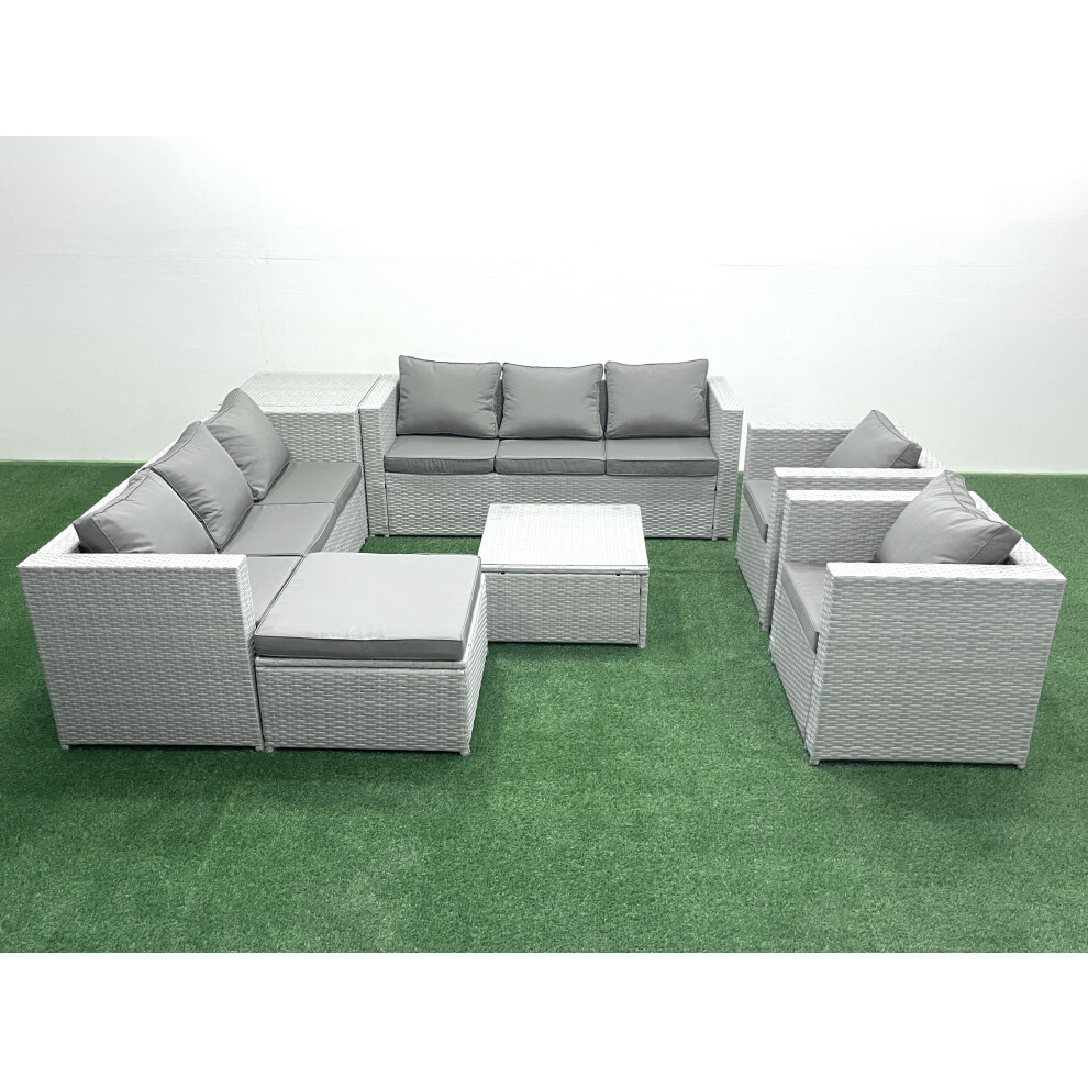 Fimous Outdoor Rattan Sofa Garden Furniture Set with 2 Armchairs Square Coffee Table Big Footstool Side Table Light Grey Mixed