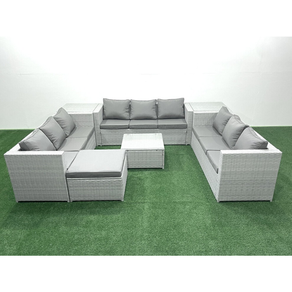 Fimous Rattan Garden Outdoor Furniture Set 10 Seater Rattan Garden Sofa Set with Big Footstool 2 Side Tables Light Grey Mixed