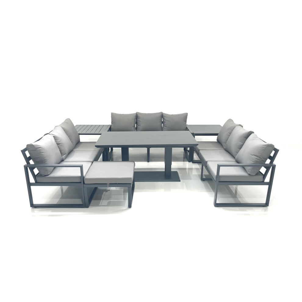 Fimous 10 Seater Garden Sofa Set Aluminium Furniture Rising Dining Tabe Set with 2 Side Tables Big Footstool Dark Grey