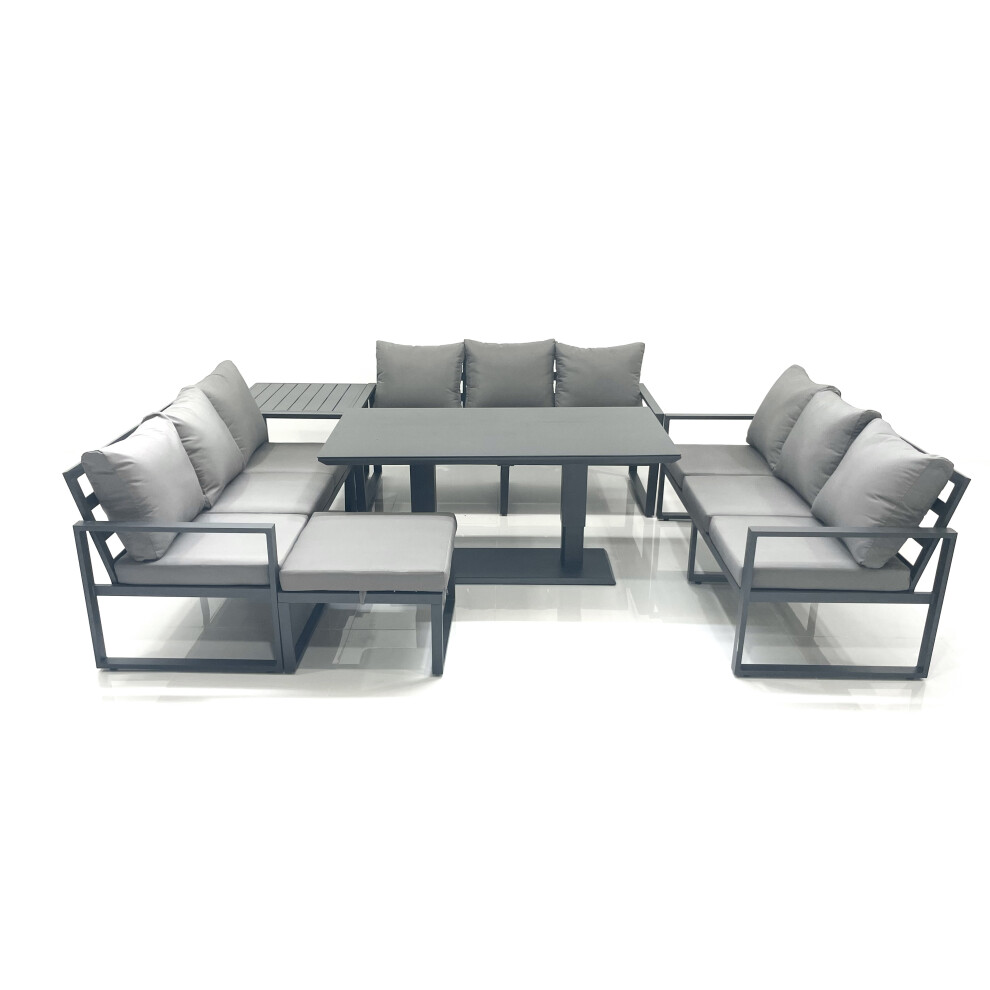 Fimous 10 Seater Garden Sofa Set Aluminium Furniture Rising Dining Tabe Set With Side Table Big Footstool Dark Grey