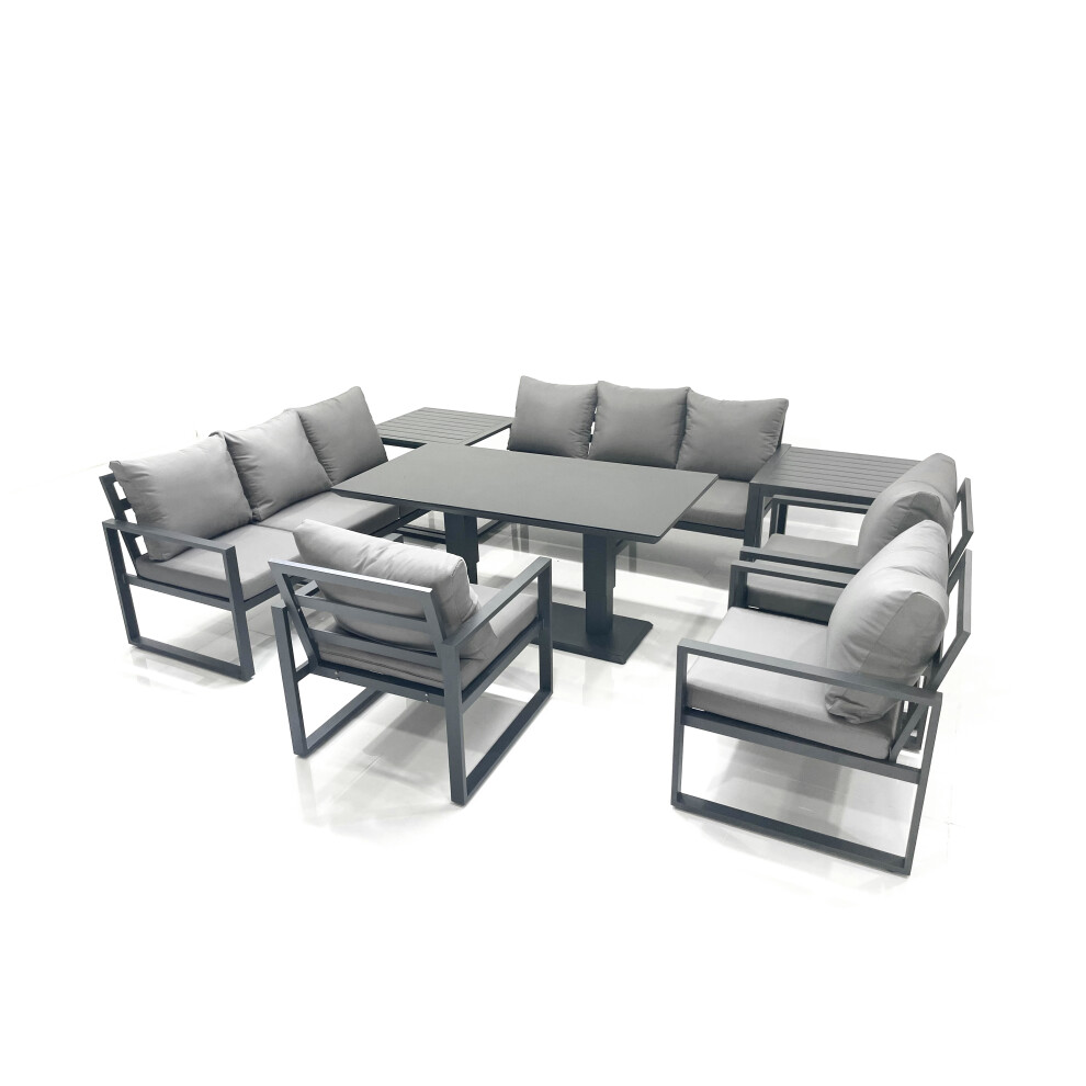 Fimous Dark/Grey 9 Seater Aluminium Garden Furniture Set With Rising Dining Table, 3 Chairs, 2 Sofas & 2 Side Tables - Image 2