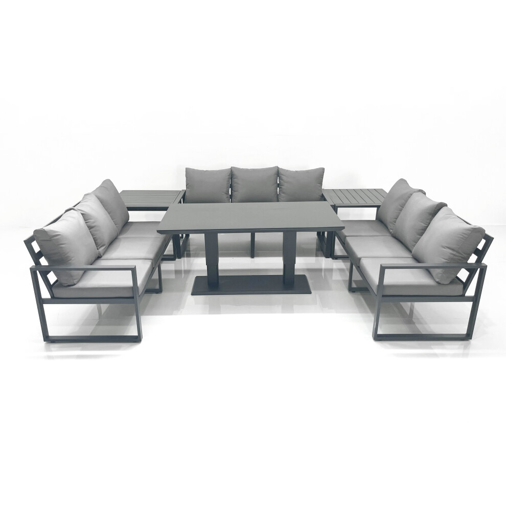 Fimous 9 Seater Garden Sofa Set Aluminium Furniture Rising Dining Tabe Set With 2 Side Tables Dark Grey
