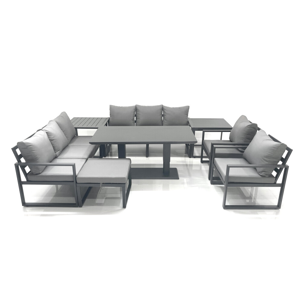 Fimous Dark/Grey Garden Sofa Set Aluminium Furniture Rising Dining Tabe Set With 2 Chair Big Footstools 2 Side Tables - Image 2