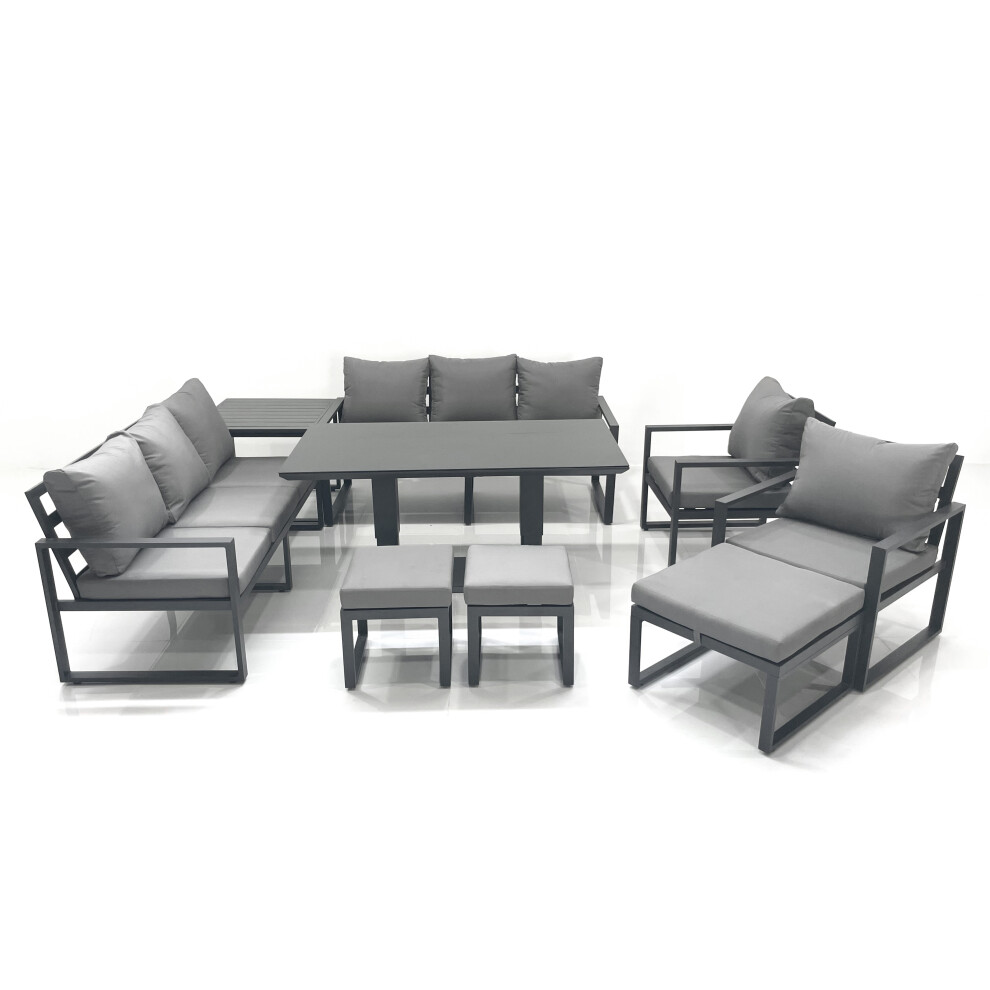 Fimous Garden Sofa Set Aluminium Furniture Rising Dining Tabe Set with 2 Chair 3 Footstools Side Table Dark Grey