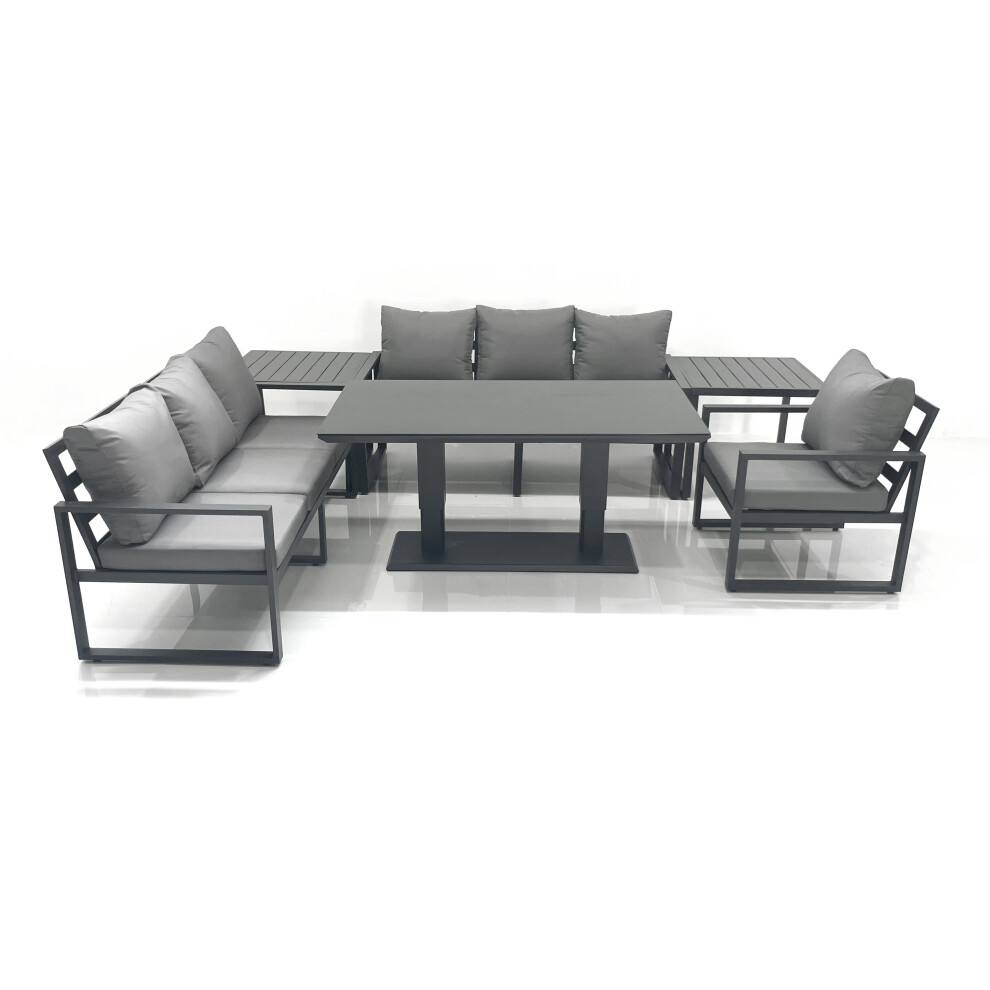 Fimous Outdoor Garden Furniture Set Aluminium Lounge Sofa Adjustable Rising Lifting Dining Table Sets with 2 Side Tables Dark Grey