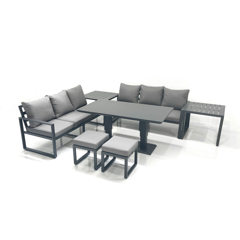 Fimous 8 Seater Aluminium Outdoor Garden Furniture Set with Adjustable Rising Lifting Dining Table 2 Small Footstool 2 Side Tables Dark Grey