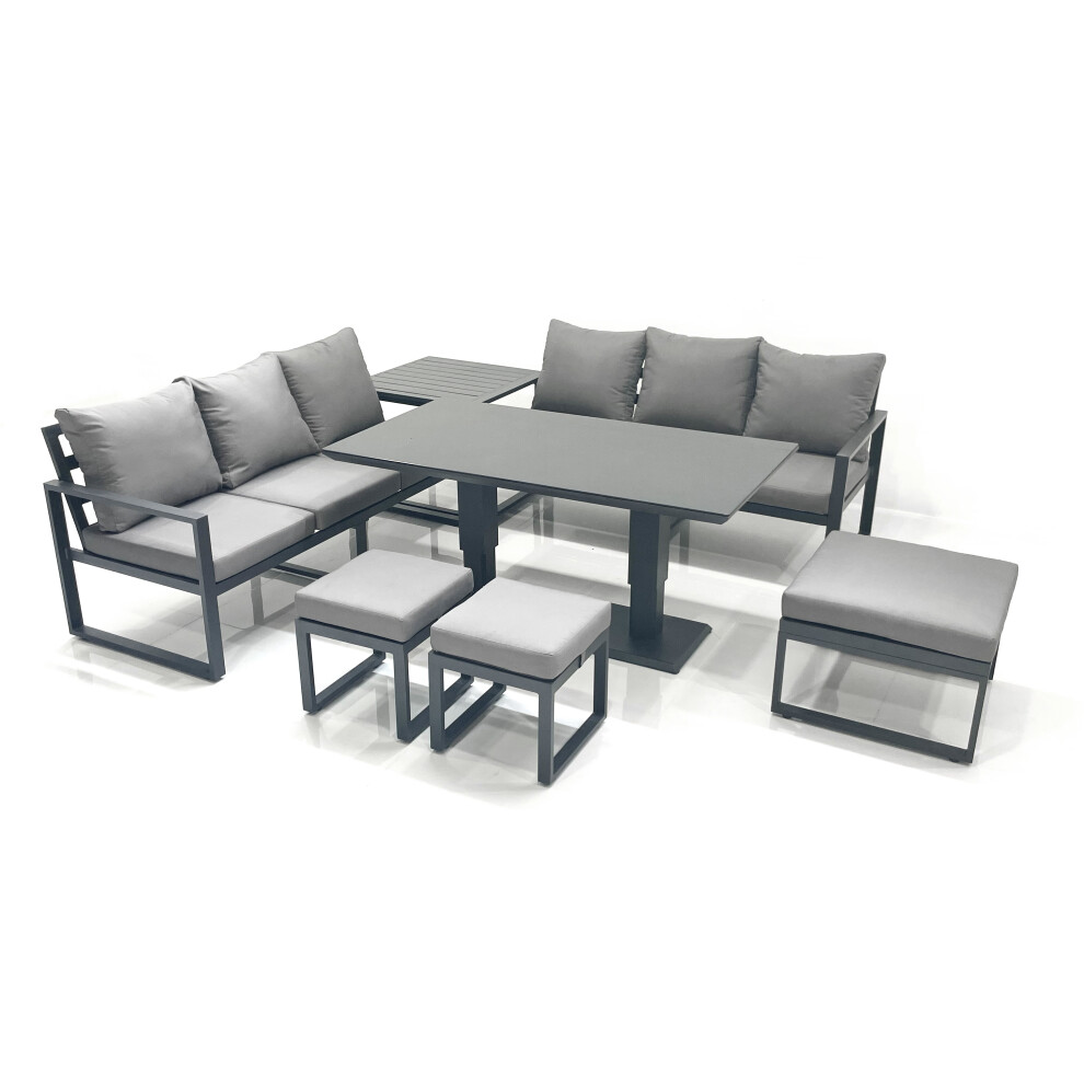 Fimous 9 Seater Aluminium Outdoor Garden Furniture Set With Adjustable Rising Lifting Dining Table 3 Footstools Side Table Dark Grey