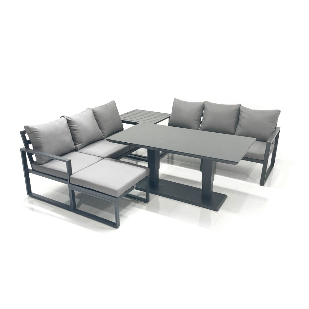 Fimous 7 Seater Aluminium Outdoor Garden Furniture Set With Adjustable Rising Lifting Dining Table Big Footstool Side Table Dark Grey