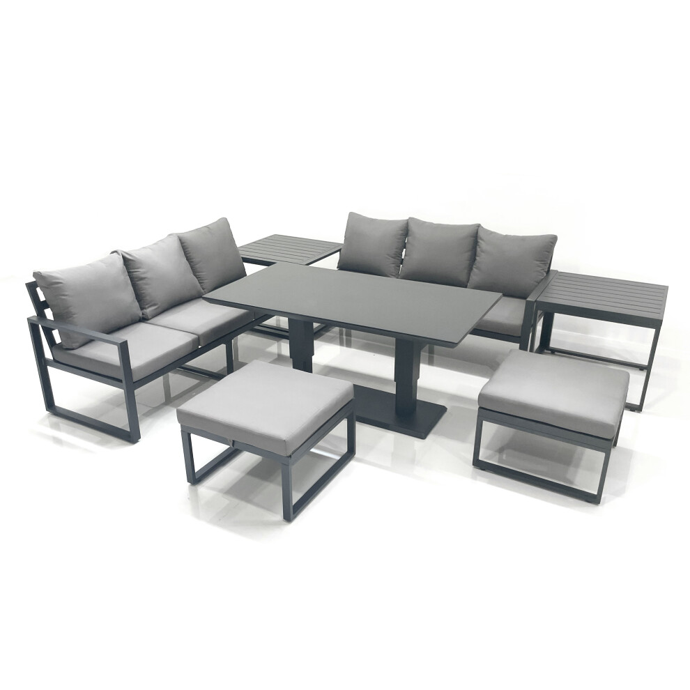 Fimous 8 Seater Aluminium Outdoor Garden Furniture Set with Adjustable Rising Lifting Dining Table 2 Big Footstool 2 Side Tables Dark Grey