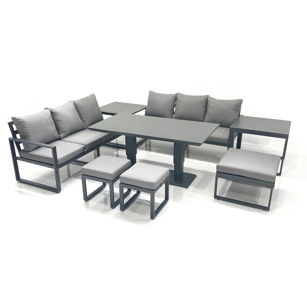 Fimous Dark/Grey 9 Seater Aluminium Outdoor Garden Furniture Set With Adjustable Rising Lifting Dining Table 3 Seater Sofa 3 Footstools 2 Side Tables - Image 3