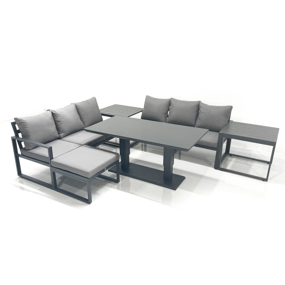 Fimous Dark/Grey 7 Seater Aluminium Outdoor Garden Furniture Set With Adjustable Rising Lifting Dining Table 3 Seater Sofa Big Footstool 2 Side Tables - Image 3