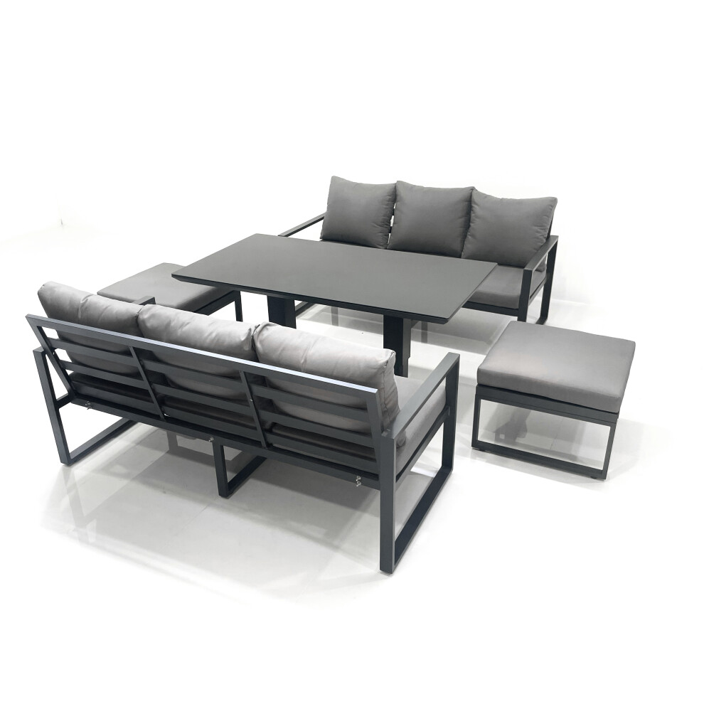 Fimous 8 Seater Aluminium Outdoor Garden Furniture Set with Adjustable Rising Lifting Dining Table 2 Big Footstool Dark Grey