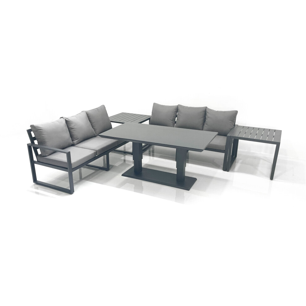 Fimous 6 Seater Aluminium Outdoor Garden Furniture Set with Adjustable Rising Lifting Dining Table 2 Side Tables Dark Grey