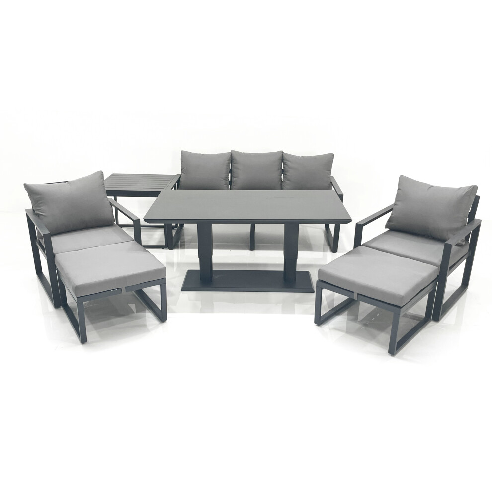 Rackhams Dark/Grey Outdoor Aluminium Garden Furniture Set With Adjustable Rising Lifting Dining Table 3 Seater Sofa 2 Chair 2 Big Footstools Side Table - Image 3