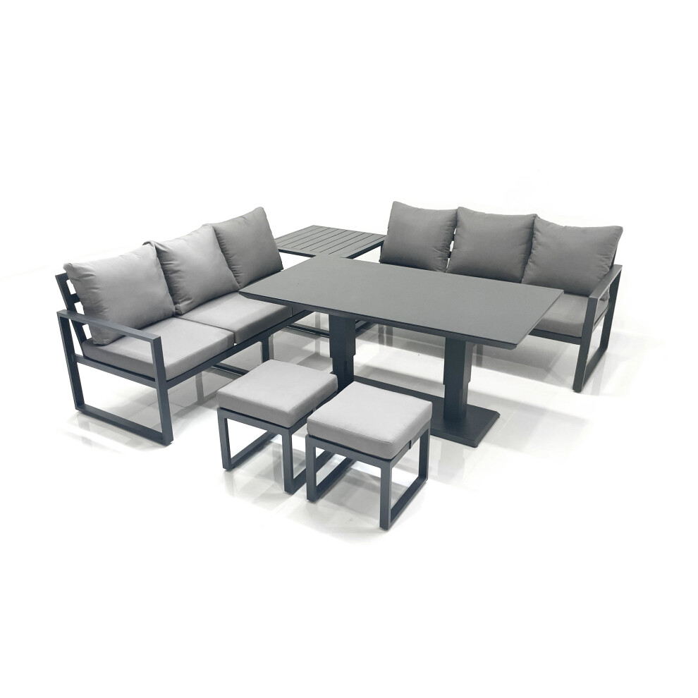 Fimous 8 Seater Aluminium Outdoor Garden Furniture Set with Adjustable Rising Lifting Dining Table 2 Small Footstool Side Table Dark Grey