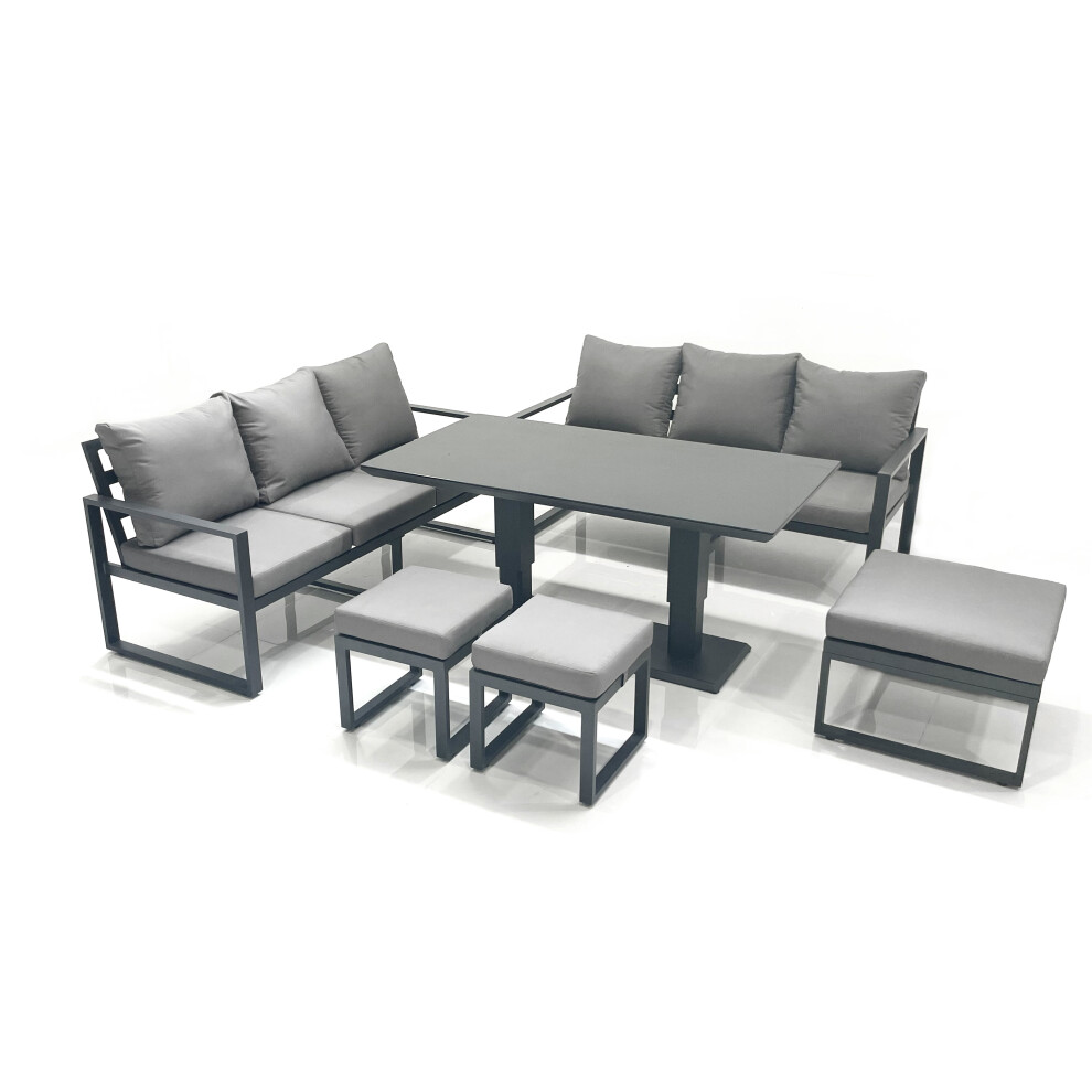 Fimous 9 Seater Aluminium Outdoor Garden Furniture Set With Adjustable Rising Lifting Dining Table 3 Footstools Dark Grey