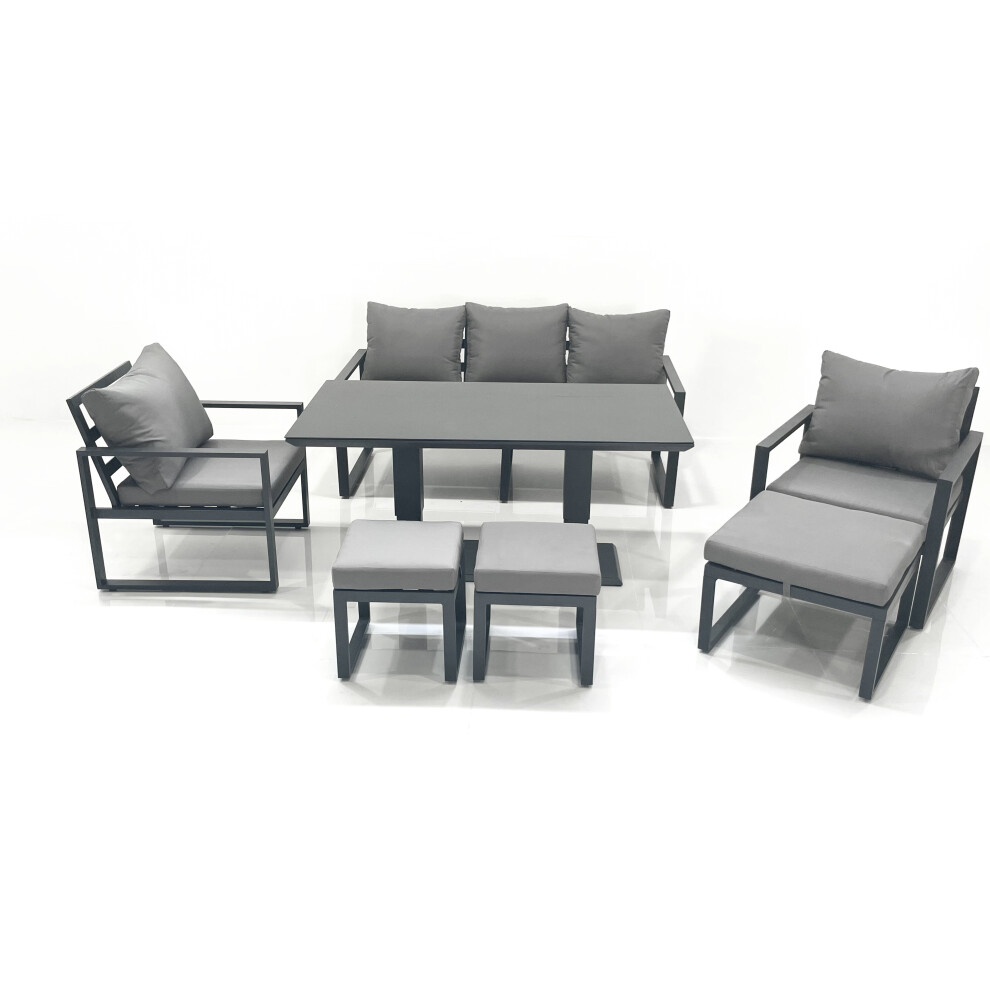 Fimous 8 Seater Aluminium Outdoor Garden Furniture Set with Adjustable Rising Lifting Dining Table 3 Seater Sofa 2 Chair 3 Footstool Dark Grey