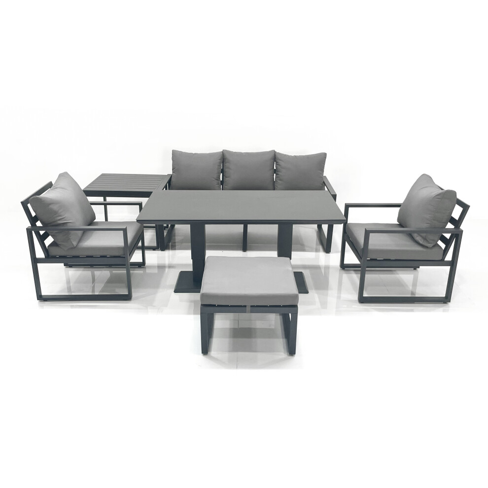 Fimous Outdoor Aluminium Garden Furniture Set with Adjustable Rising Lifting Dining Table 2 Chair Big Footstool Side Table Dark Grey