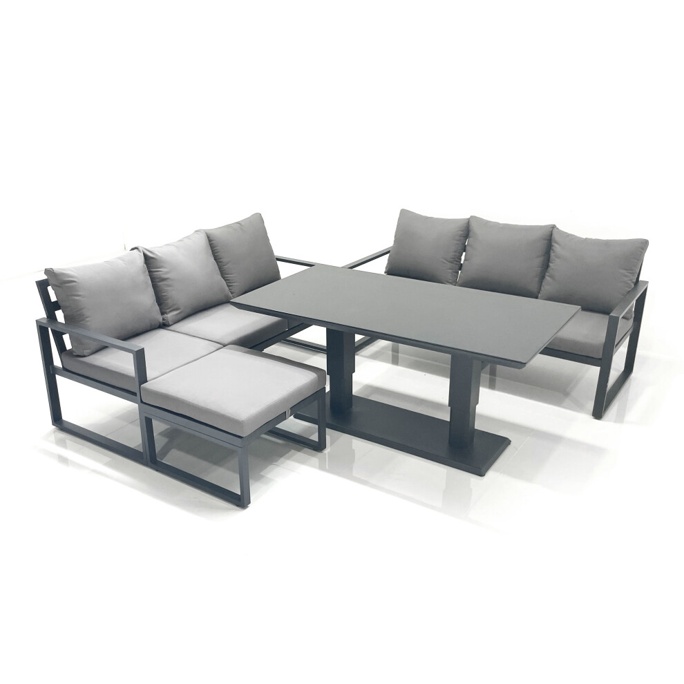 Fimous 7 Seater Aluminium Outdoor Garden Furniture Set With Adjustable Rising Lifting Dining Table Big Footstool Dark Grey
