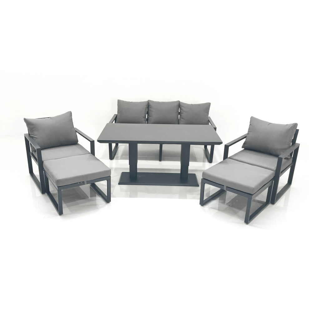 Fimous Outdoor Aluminium Garden Furniture Set With Adjustable Rising Lifting Dining Table 2 Chair 2 Big Footstools Dark Grey