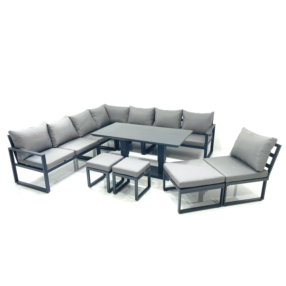 Fimous 11 Seater Outdoor Aluminum Garden Furniture Set Corner Sofa 3 Footstools Rising Lifting Dining Table Sets Dark Grey