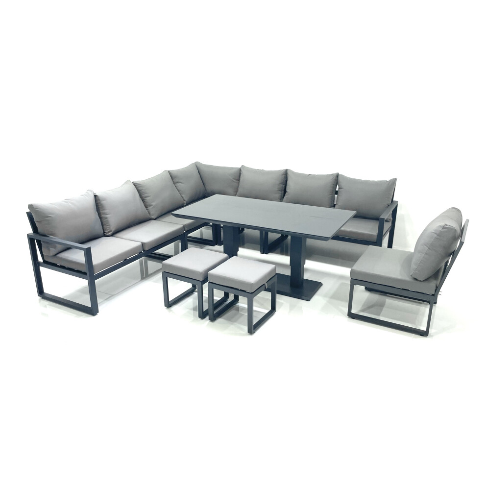 Fimous 10 Seater Outdoor Aluminum Garden Furniture Set Corner Sofa 2 Small Footstools Rising Lifting Dining Table Sets Dark Grey